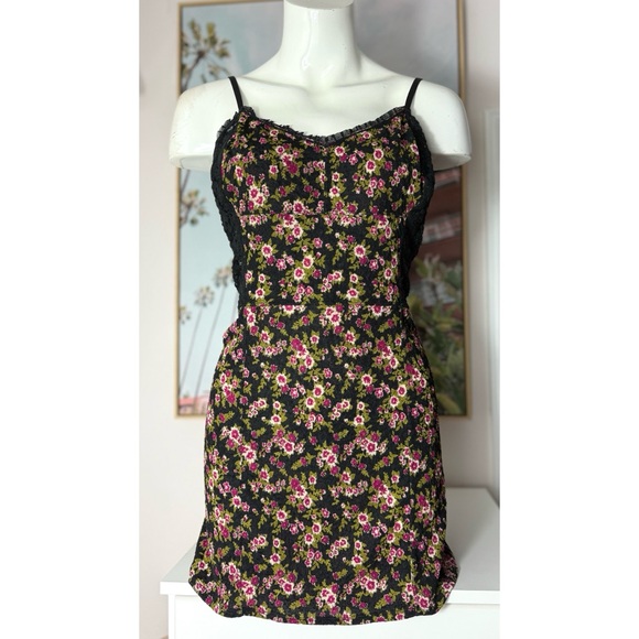 Free People Intimately Black Floral Lace Mini Dress Chemise Slip Size Large Y2K - Picture 2 of 7